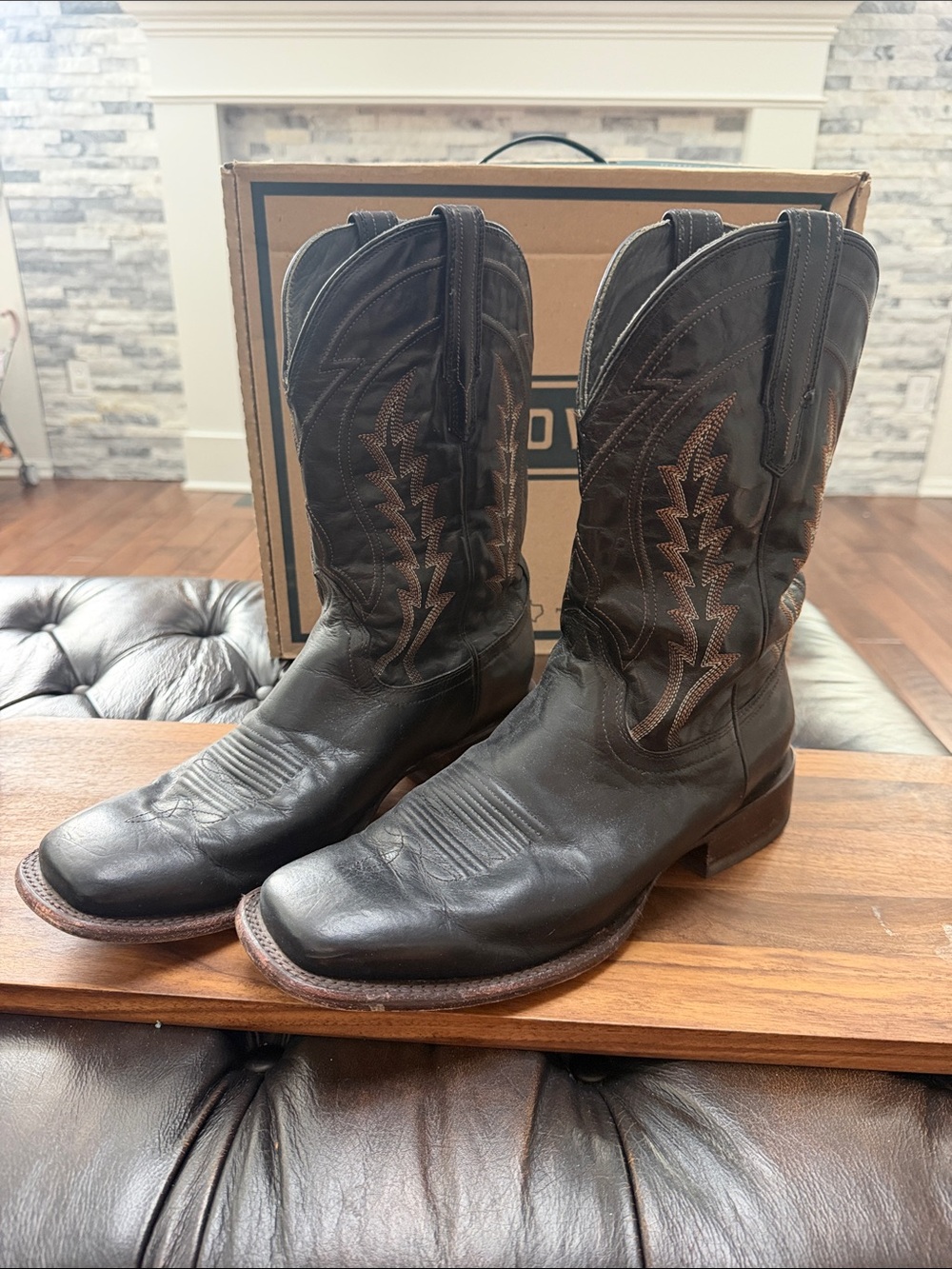 Tecovas Black Leather Western Cowboy Boots with Brown Stitching